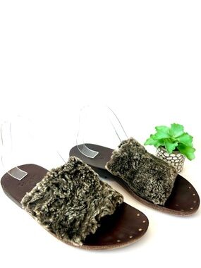Colleen Cordero Bare Slide Sandal Shearling Fur Leather Handmade Size 9